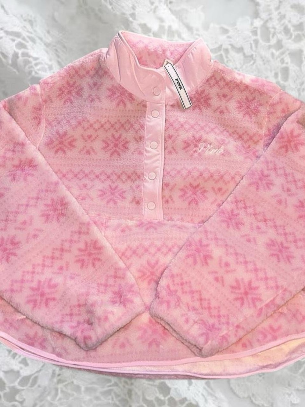 Victoria’s Secret PINK Plush Teddy Front-Snap Pullover in Pink Fairisle 🌸